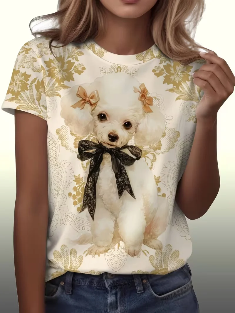 

2026 Hot 3D Digital Printing Women's Cute Dog Elegant Pattern Full Print Relaxation Feeling Daily Casual T-shirt Short Sleeved
