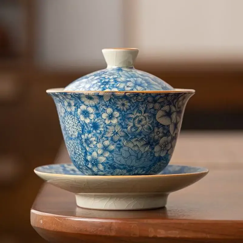 140ML Ru Kiln Flowering Ceramic Sancai Cover Bowl Japanese Zen Hand Grab Bowl Retro Tea Bowl Kung Fu TeaSet Gift Craft Ornaments