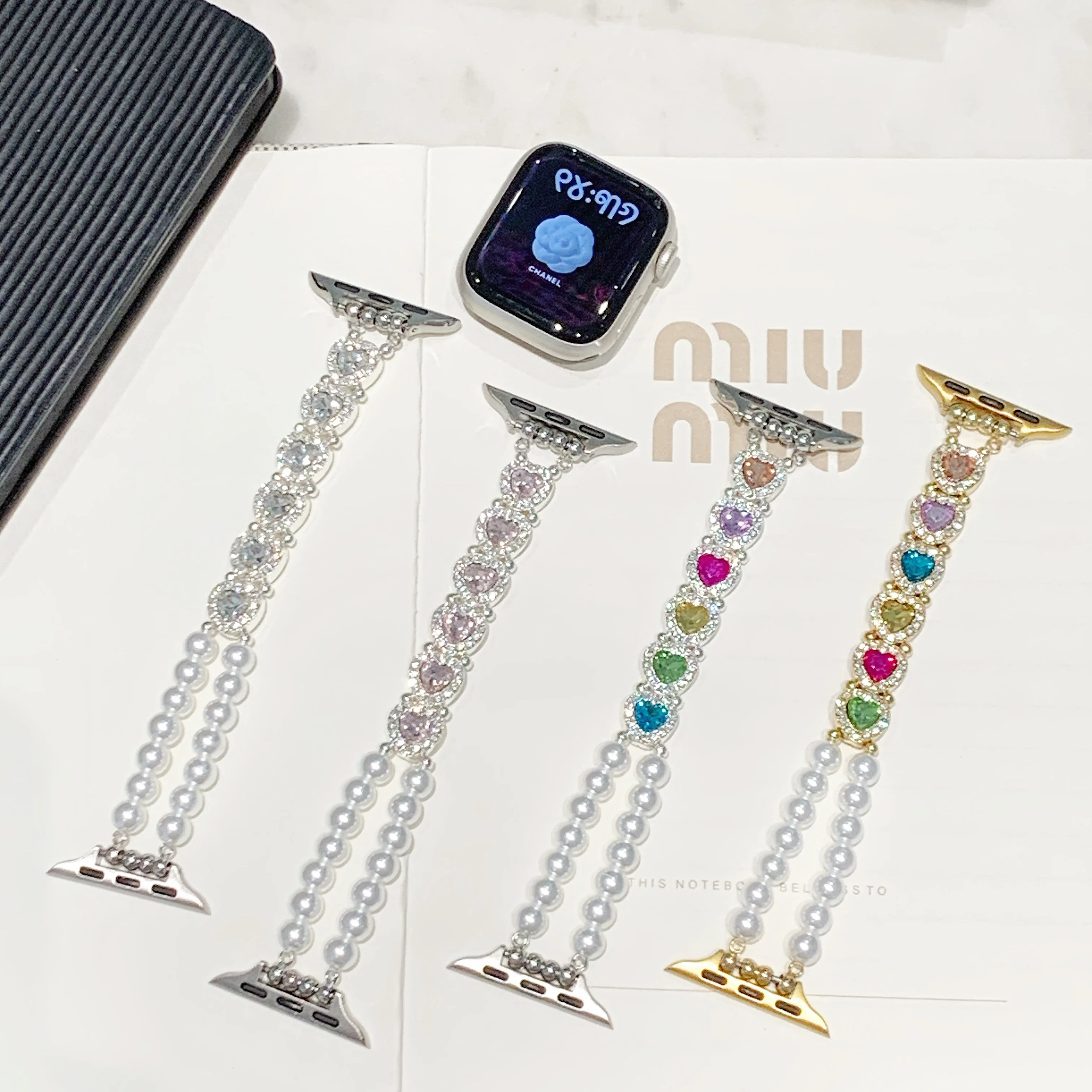 

Elastic pearl diamond strap for Apple Watch, made of metal material, suitable for 38 40 41 42 44 45 46 49mm