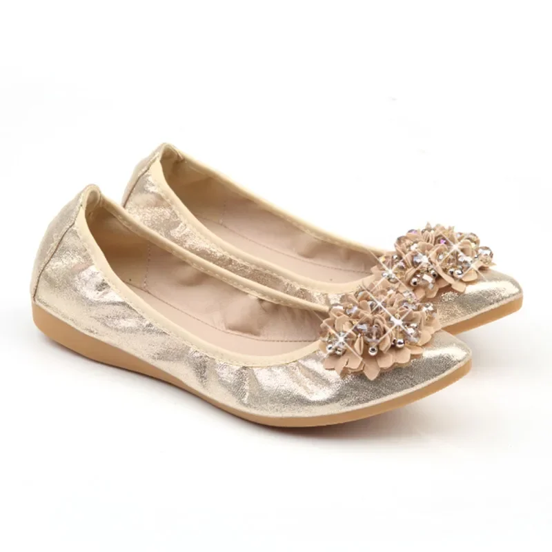 MVVJKE New Spring Women Folding Flats  Handmade Flower Rhinestone Pointed Toe Solid Soft Ballet Flats Shoes E099