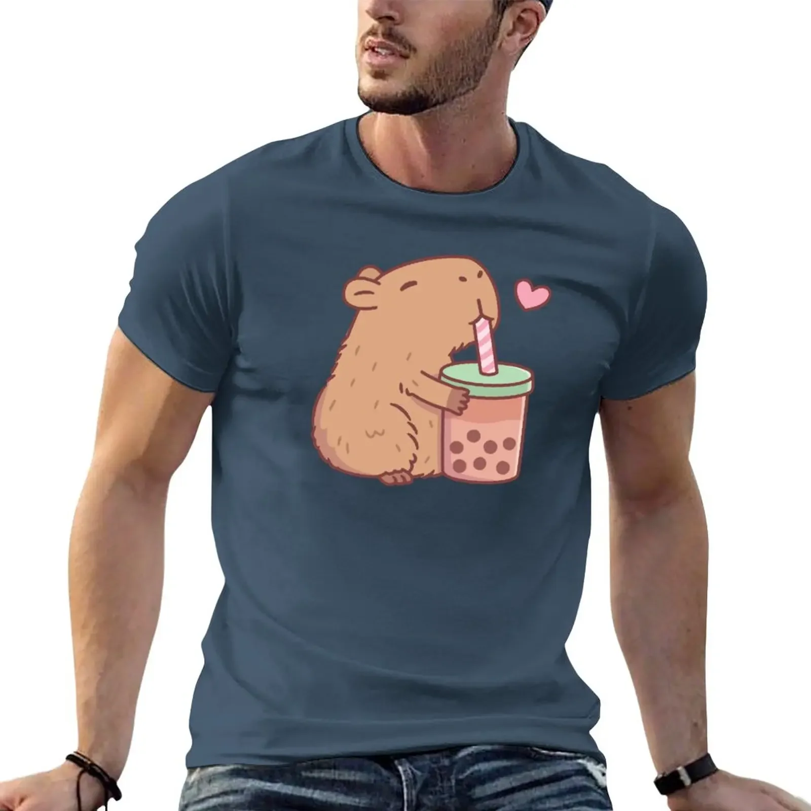 

New Cute Capybara Loves Bubble Tea T-Shirt customized t shirts Aesthetic clothing men graphic t shirts