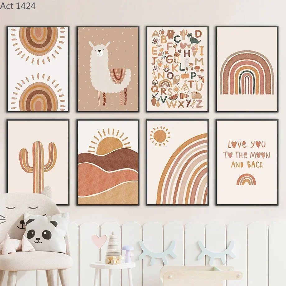 Alpaca Unicorn Sun Rainbow Cactus Nursery Wall Art Canvas Painting Nordic Posters And Prints Wall Pictures Baby Kids Room Dec