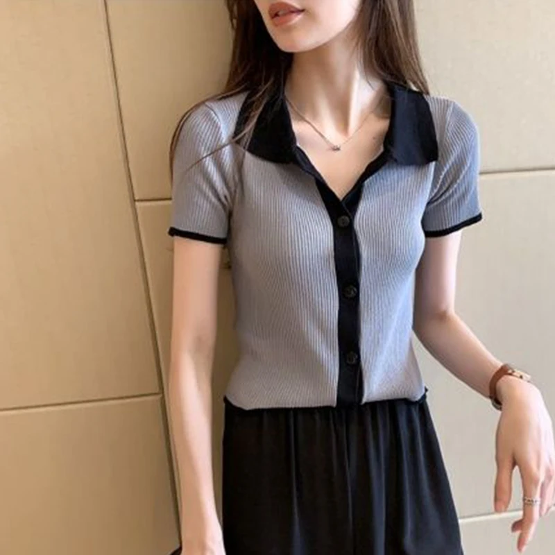 Retro Contrasting Color Fashion Simple Cardigan Short Sleeved Summer New Polo Collar Slim Fit Temperament Lady Elegant T-shirt