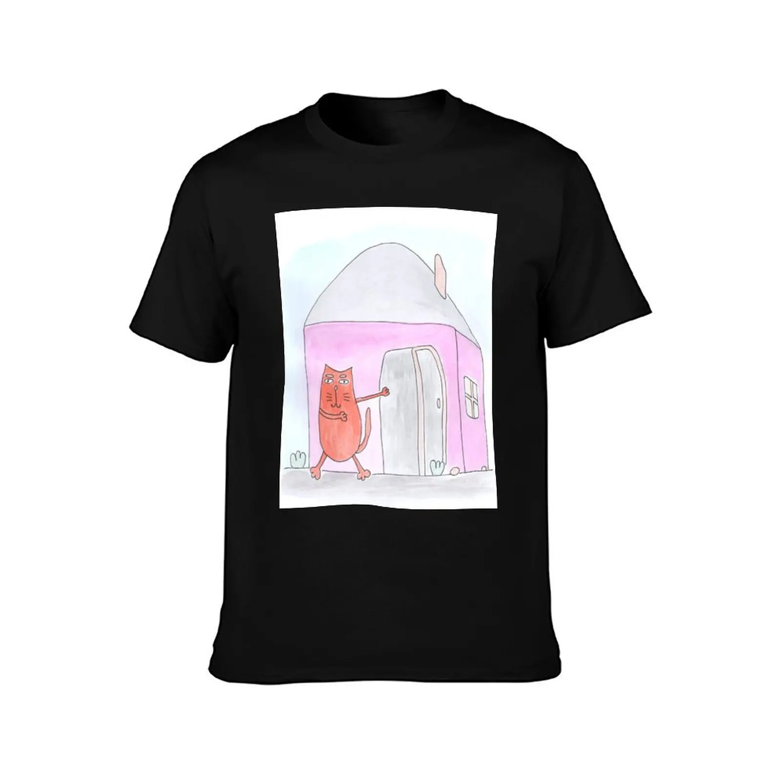 Cat points to the house. Real estate, rent T-Shirt Lightweight Print T-Shirt