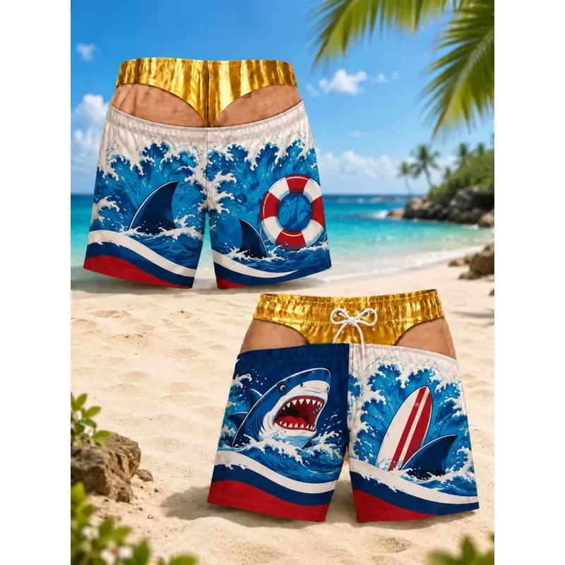 for Men 3D Optical Illusion Shark Swim Trunks Funny Faux Low-Rise Golden Underwear Print Ocean Wave Board Shorts for Beach