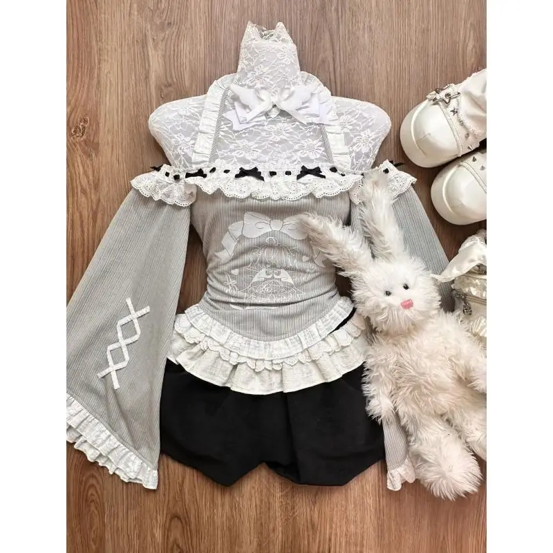 

France Vintage Slim Slash Neck Print 2 Piece Set Women Sweet Cute Off Shoulder Top Female Y2k High Waist Lolita Short Skirt Suit