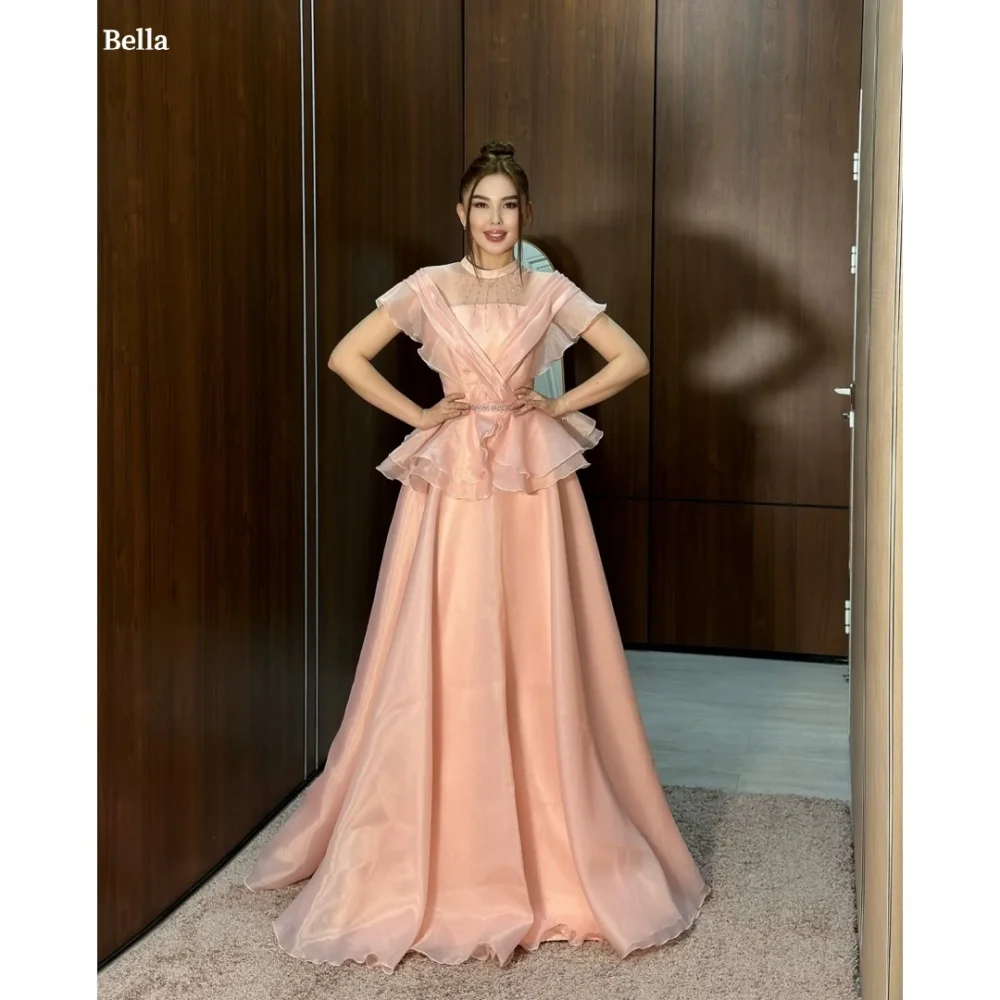 

Bella Customized Pink Two-Piece Set Glitter robes de soirée Cap Sleeve Organza Party Dresses A-line Floor-Length Prom Dress 2025