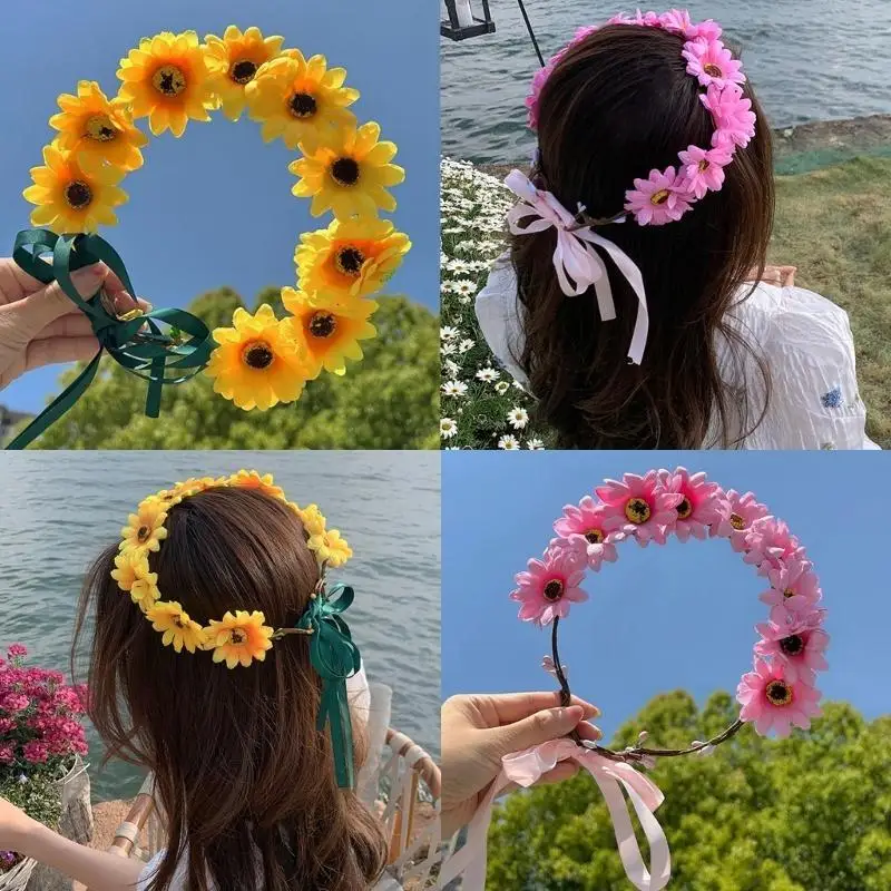 39BD Realistische Sonnenblumen Girlande Stirnband Böhmischen Krone Kopfschmuck Tiaras Haarband Frauen Hochzeit Party – Detail 8