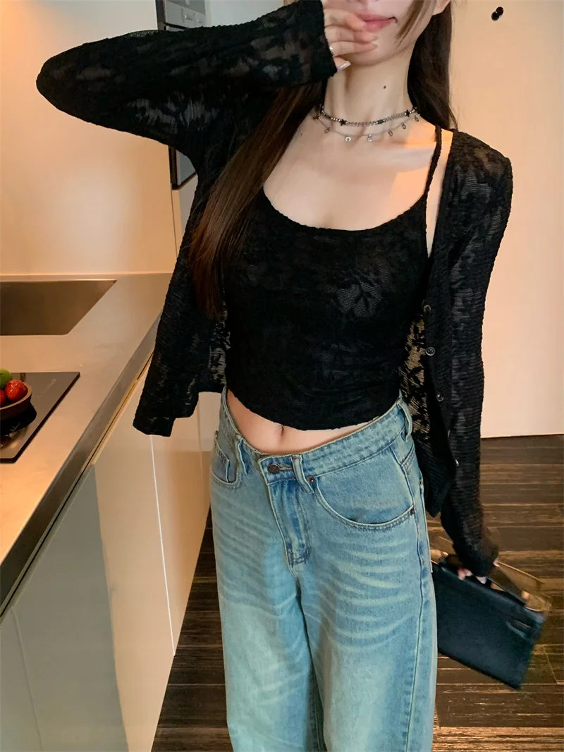 Tonngirls Vintage Lace Two Pieces Tops Black Y2k Retro Crop Tops Streetwear 2000s Japanese Tshirts Skinny Tee Tops See Through