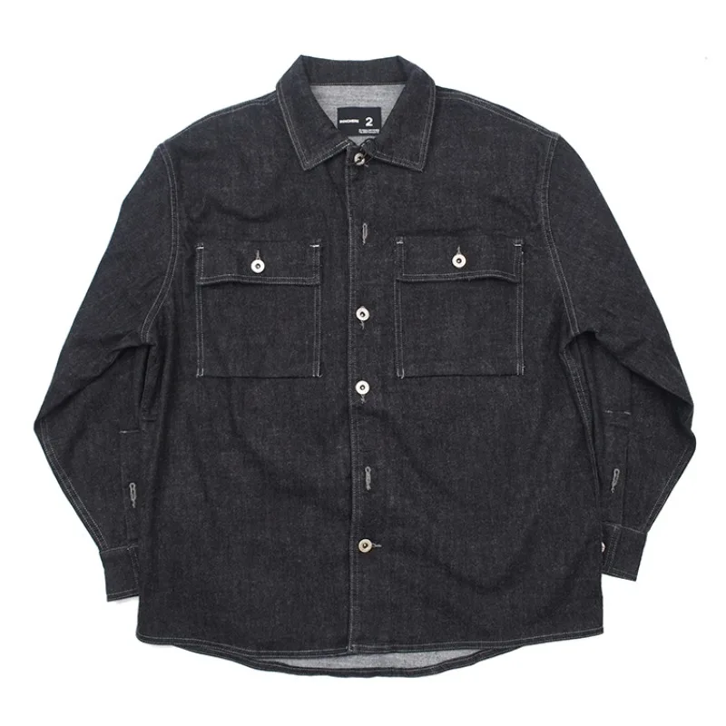 Brushed Texture Japanese Retro Distressed Washed Workwear Denim Shirt Casual Loose Long Sleeve Shirt Trendy American Vintage