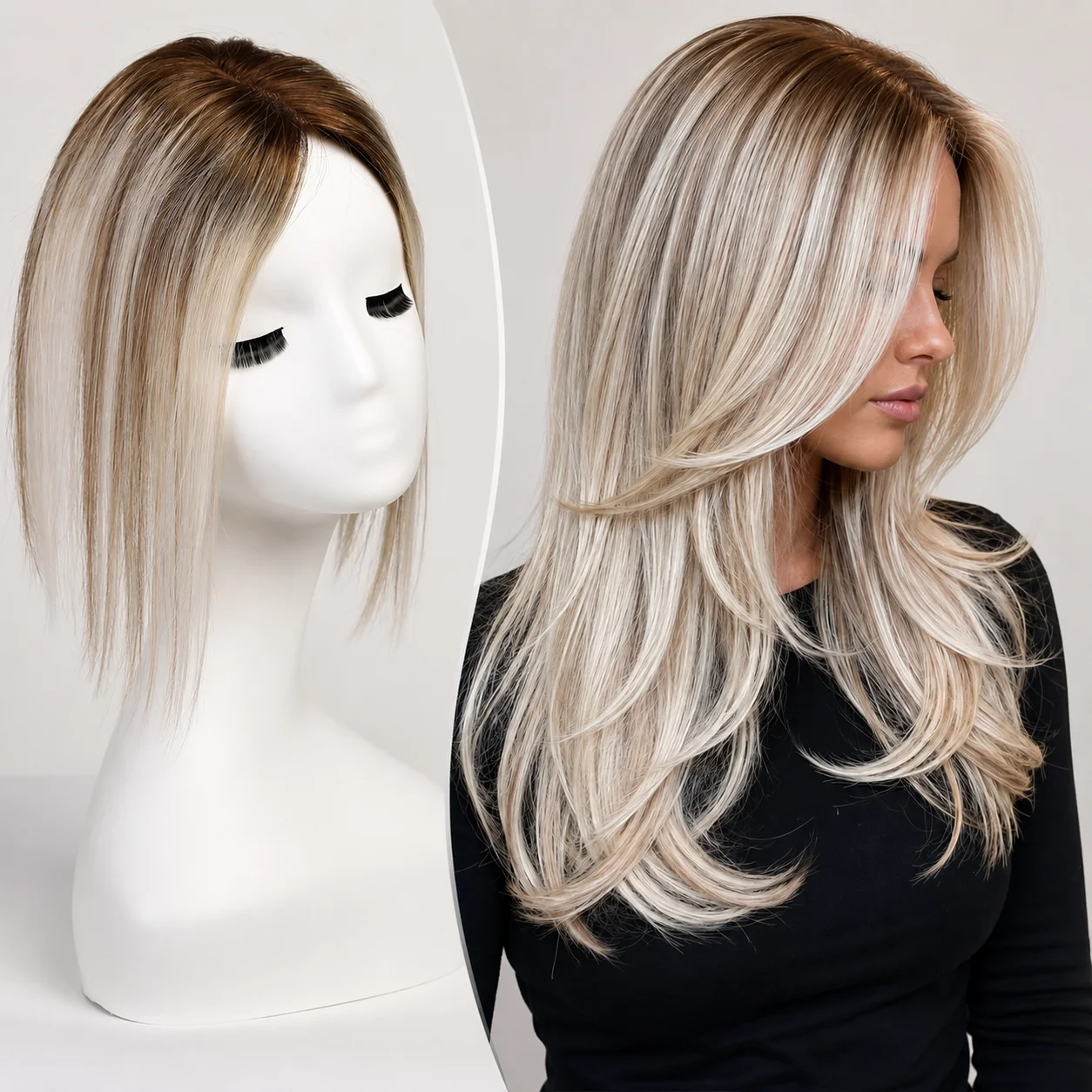 100% Remy Human Hair Lace Base Topper 12 Inch Straight Platinum Blonde Ombre Middle Part Hair Pieces for Women Thinning Hair