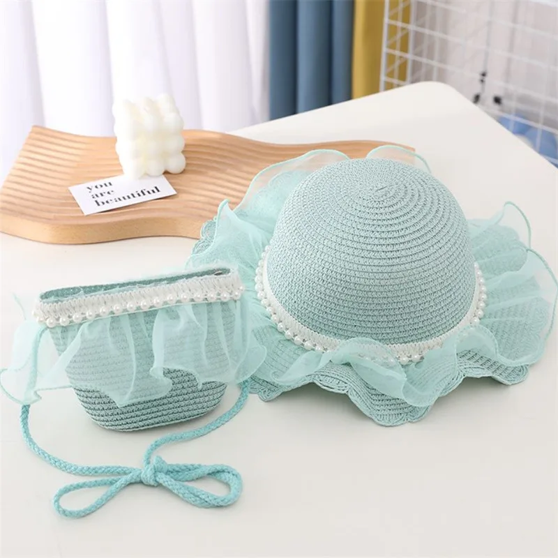 1 Piece for Children Fashion Cute Lace Pearl Embellished Princess Crossbody Bag and A Summer Sun Sunscreen Fisherman Hat