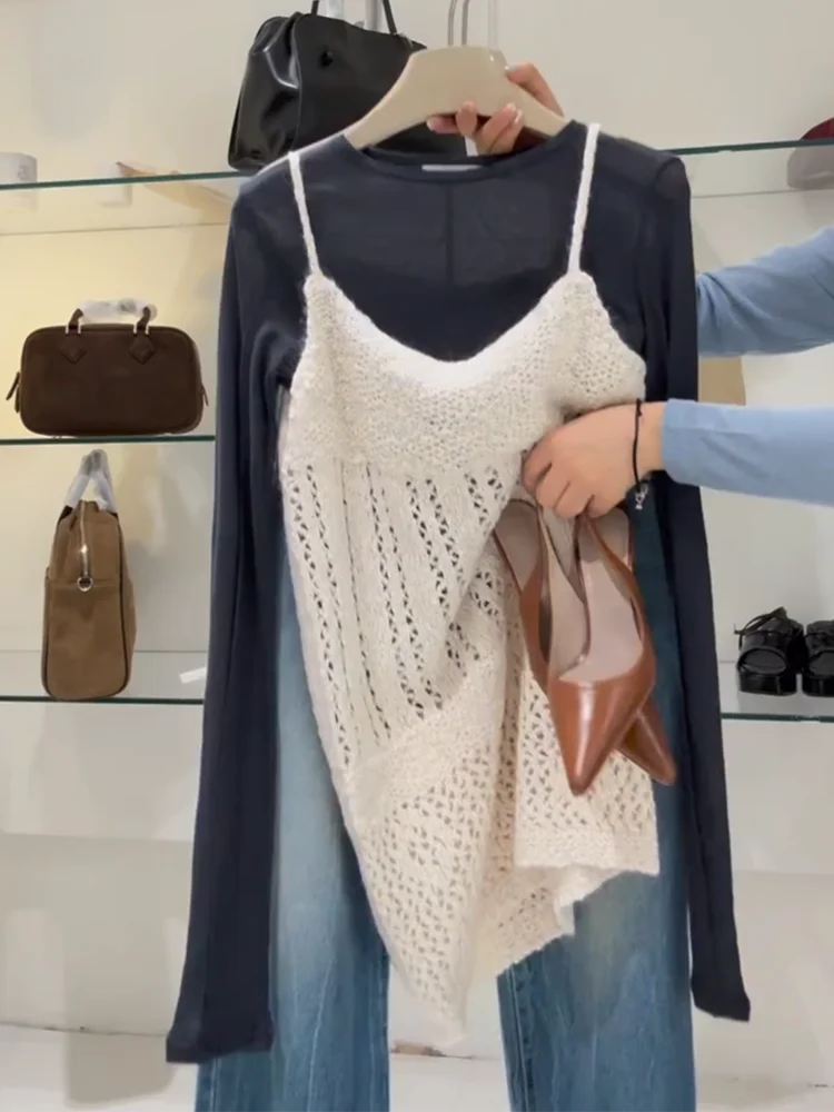 

Модный вязаный комплект из двух предметов: футболка с длинным рукавом и топ с вырезами, женская одежда для многослойного ношения