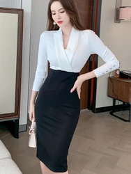 Fashion Professional Office Midi Dress for Women 2023 Black White Panelled Package Hip Slit Robe Female Business Work Vestidos