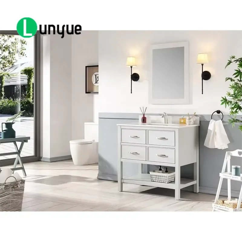 Modern 36 Inch Bathroom Vanity Cabinet with Vertical Faux Marble Countertop Wood Storage Unit Blue Grey for Home Decor