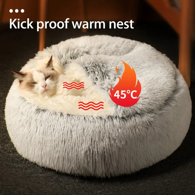 Cat Bed Round Soft Plush Burrowing Cave Hooded Cat Bed Donut for Dogs Cats Faux Fur Cuddler Comfortable Self Warming Pet Bed