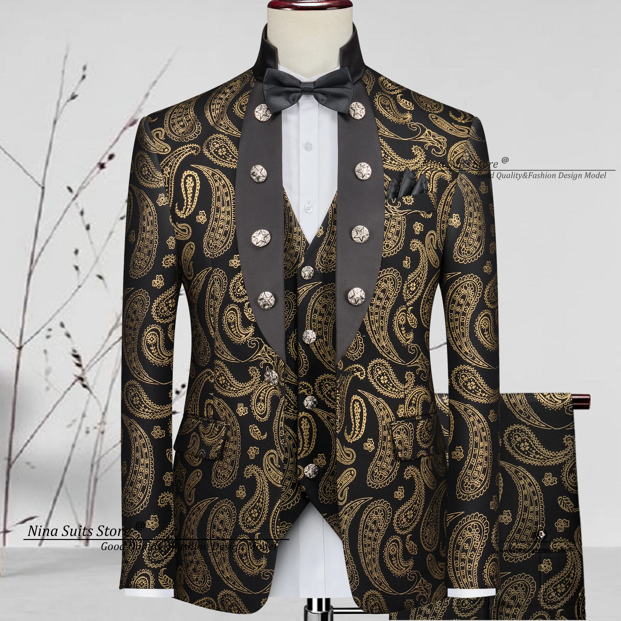 Nina Store 2025 New Designed Jacquard Costume Elegant Men Suits Black with Golden Paisley Pattern High Quality Men Party Tuxedos