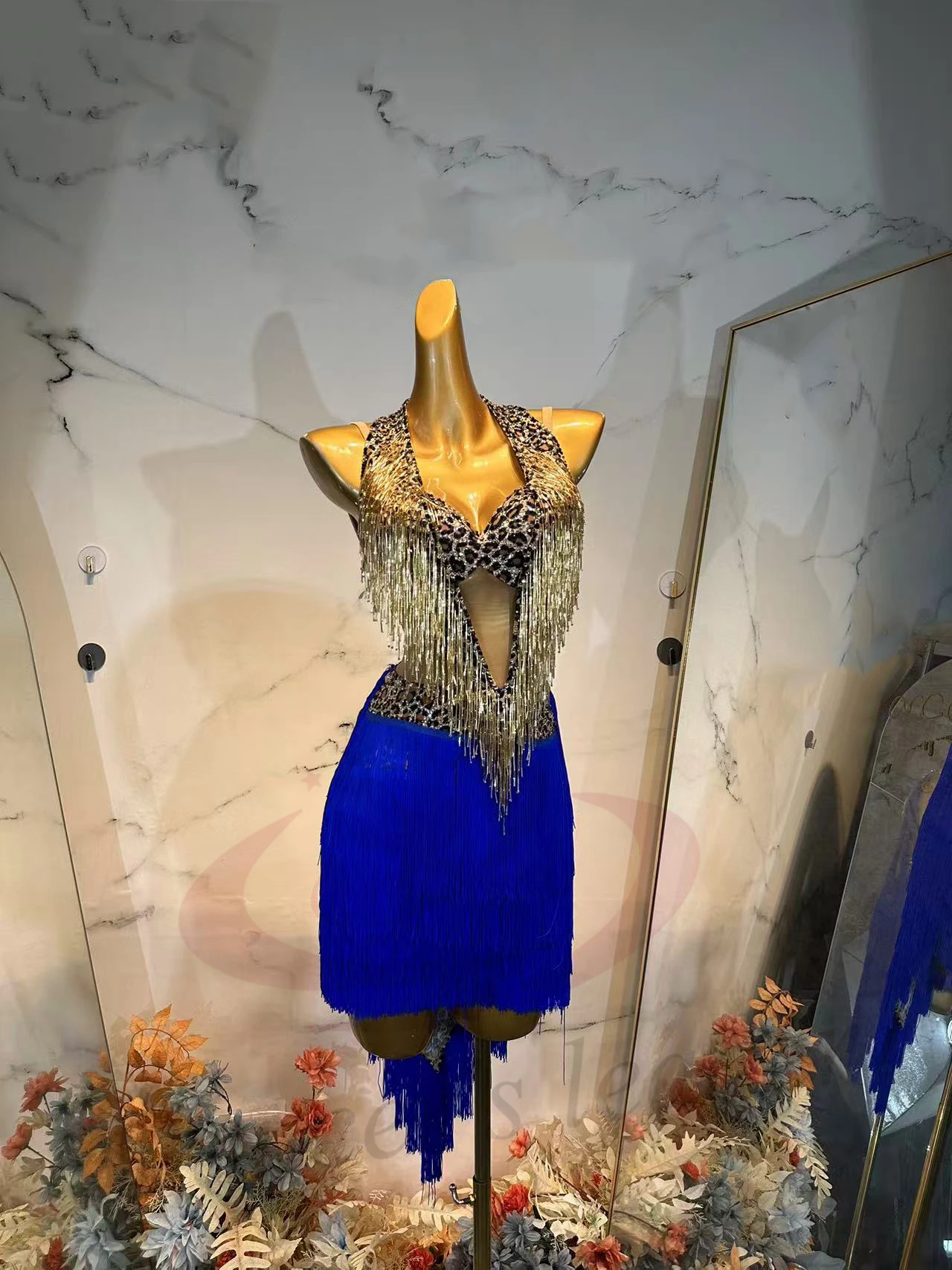 

Latin Dance AB Stone Female Adult Children's High end Customized Leopard Pattern Dress with Tassel Skirt Samba Performance Dress