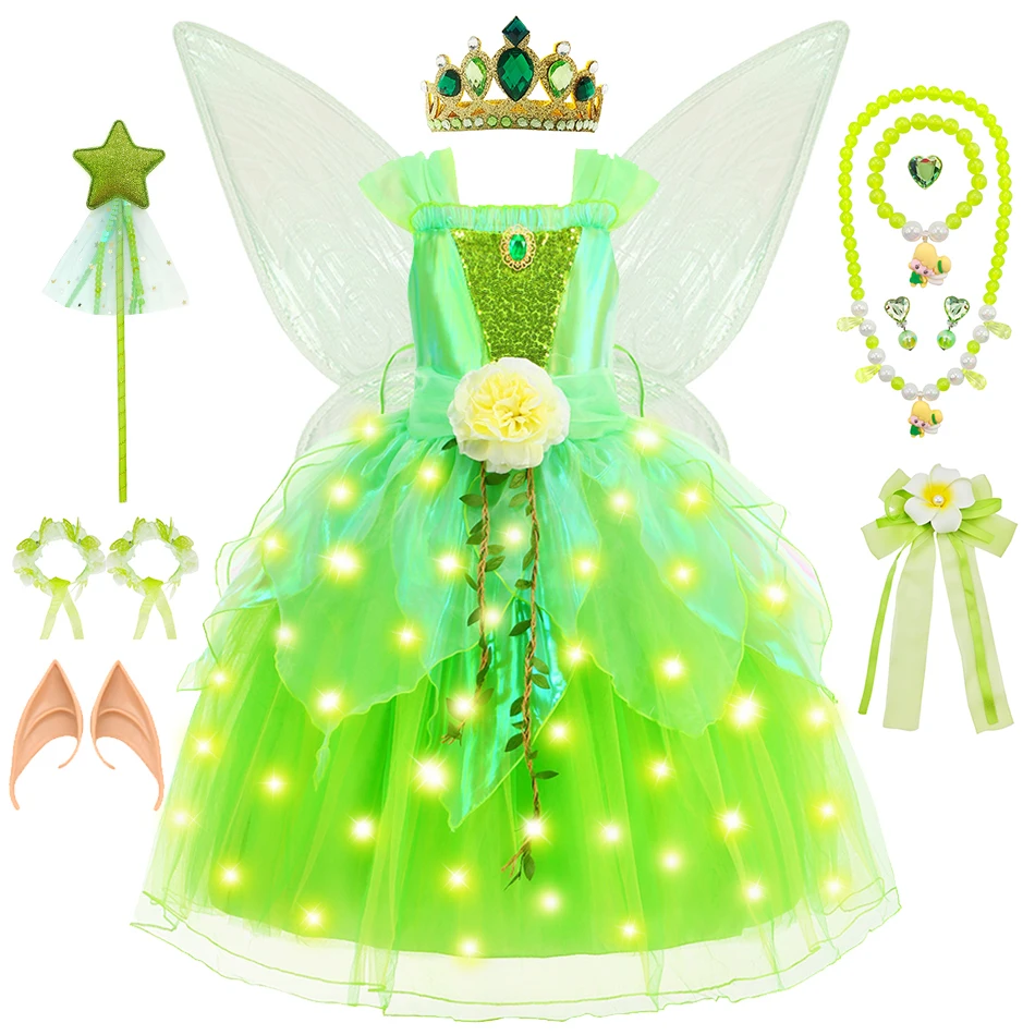 Tinker Bell Role Play Princess Dress Girls Cosplay Elf Fairy Costume Floral Birthday Carnival Party Vestido Children Green Gown