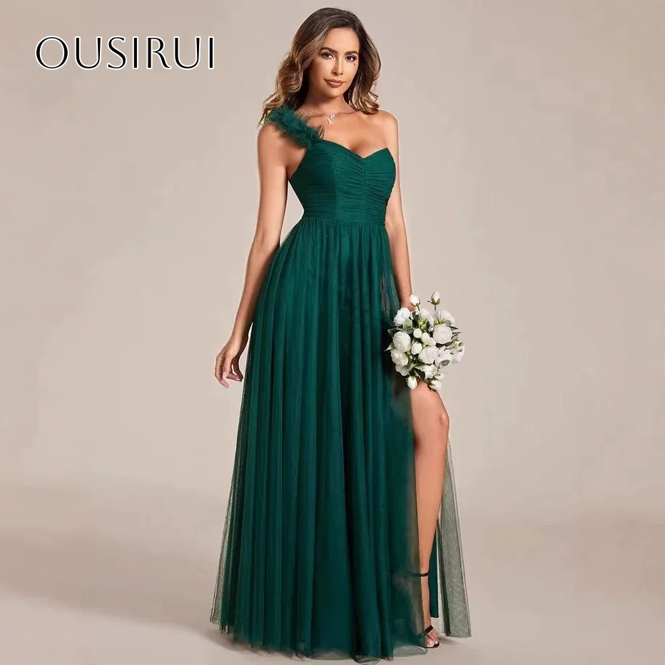 

Ruffled One Shoulder Chiffon A-line Evening Dress Split Sleeveless Floor Length Customized فساتين حفلة موسيقي