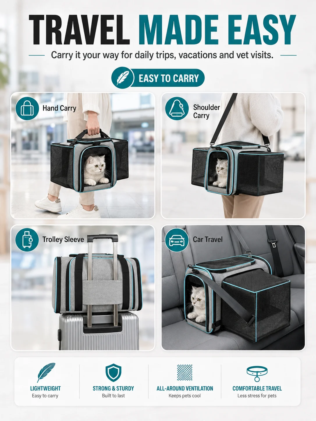 Stylish Breathable Pet Carrier with Double Side Expandable Design, Portable Hand Crossbody Shoulder Travel Bag for Cats & Dogs