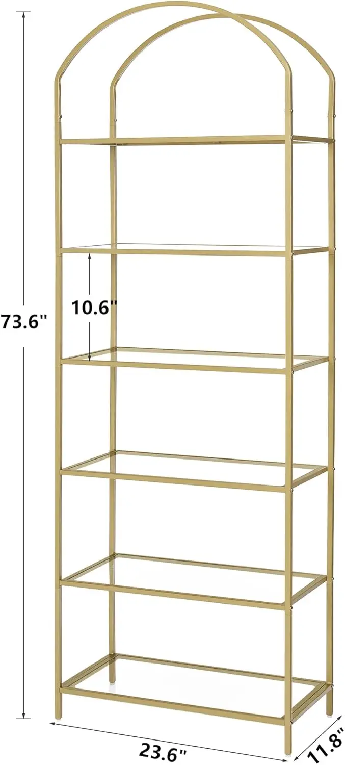 Homhedy 6-Tier Bookshelf Arched Display Racks, Metal Bookcase, Tempered Glass Shelves, Storage Rack Shelf for Home Office, Livin