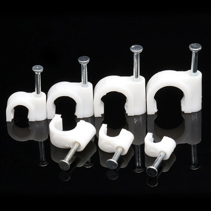 100Pcs 4mm-10mm Round  Square Cable Clips With Steel Nails, Cement Wall Wire Fix Tack Clamp Household Cable Organizer Kit