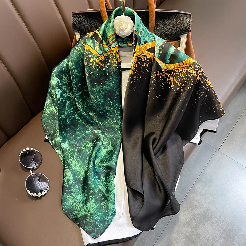 90x90cm Women Printed Square Satin Silk Scarf Shawls Headscarf Neckband Ribbon Neckties Neckerchief Bow Ties Cover Ups