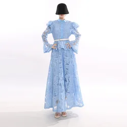 Luxury Hollow Maxi Long Sleeve Dress Women's Fashion 2026 Spring Summer Pearls Evening Party Ruffles Lace Dresses Quality