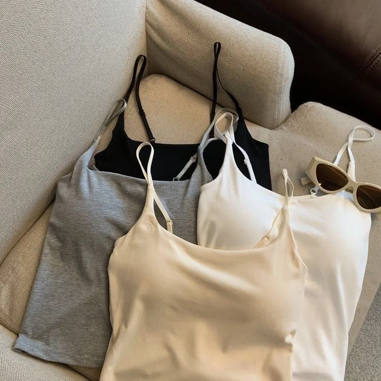 Pure Desire Sexy Camisole Tank Top for Girls Slimming Summer Outerwear Inner Wear with Chest Pad Strap Vest Women