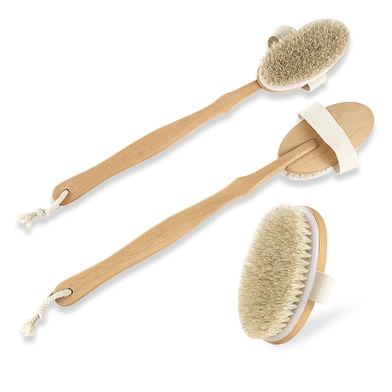 R1WA Natural Bristles Back Scrubber Shower Brush With Detachable Long Wooden Handle D