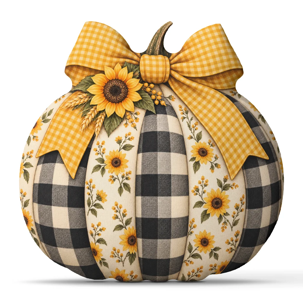 Fall Pumpkin Plush Pillow Sunflower Buffalo Check Bow Shaped Stuffed Cushion Autumn Throw Pillow Sofa Home Decor Accent Gift
