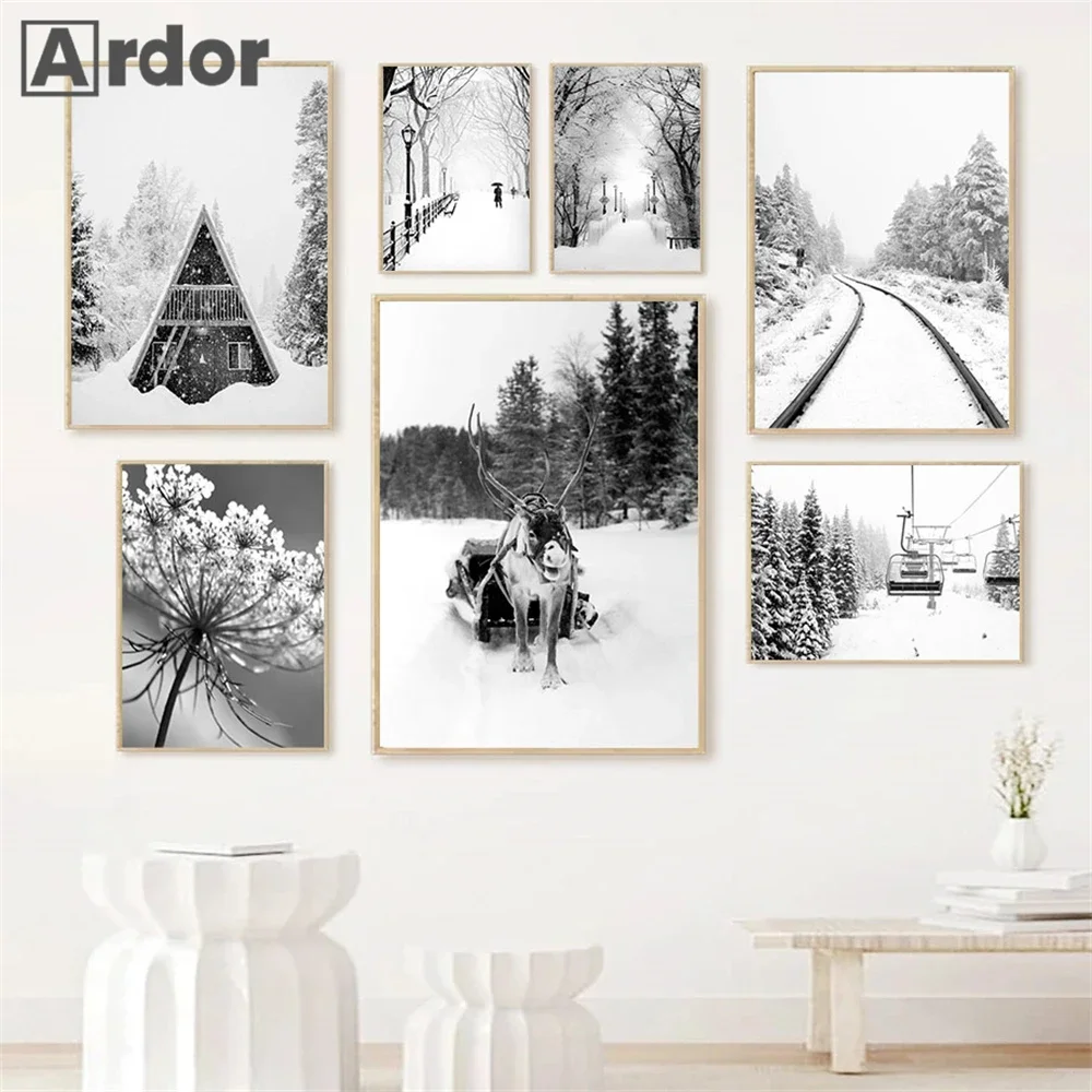

Black White Winter Scenery Poster Snow Forest Hut Rail Ski Lift Canvas Painting Deer Wall Art Print Picture Living Room Decor