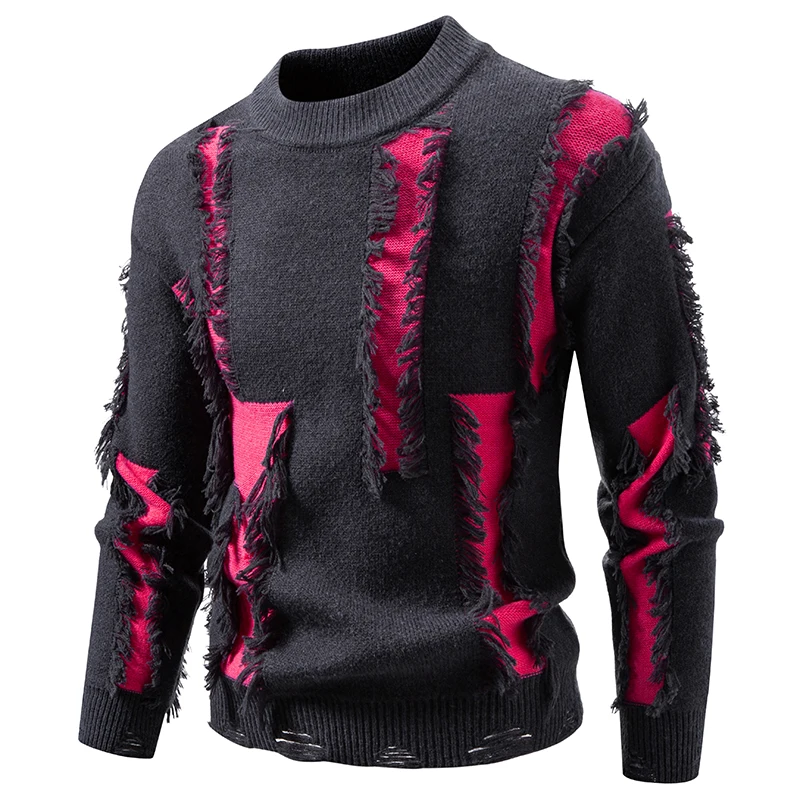 Harajuku Patchwork Color Hole Tassel Pullover Sweater for Men Pullovers Luxury Clothing Jumper Warm Knitwear Man Sweter Hombre