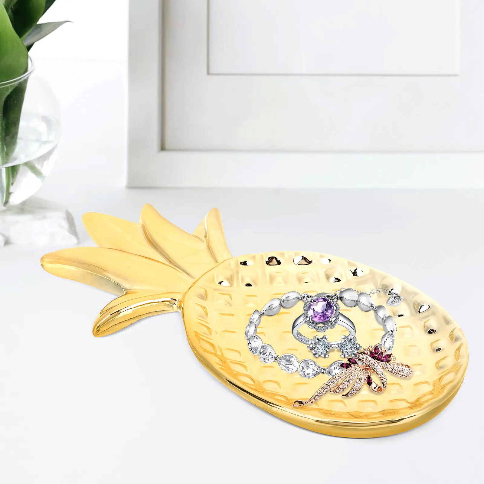 

Декоративное блюдо для украшений из керамики с золотым гальваническим покрытием в форме ананаса, увеличенное, для хранения колец, серег, ожерелий, браслетов
