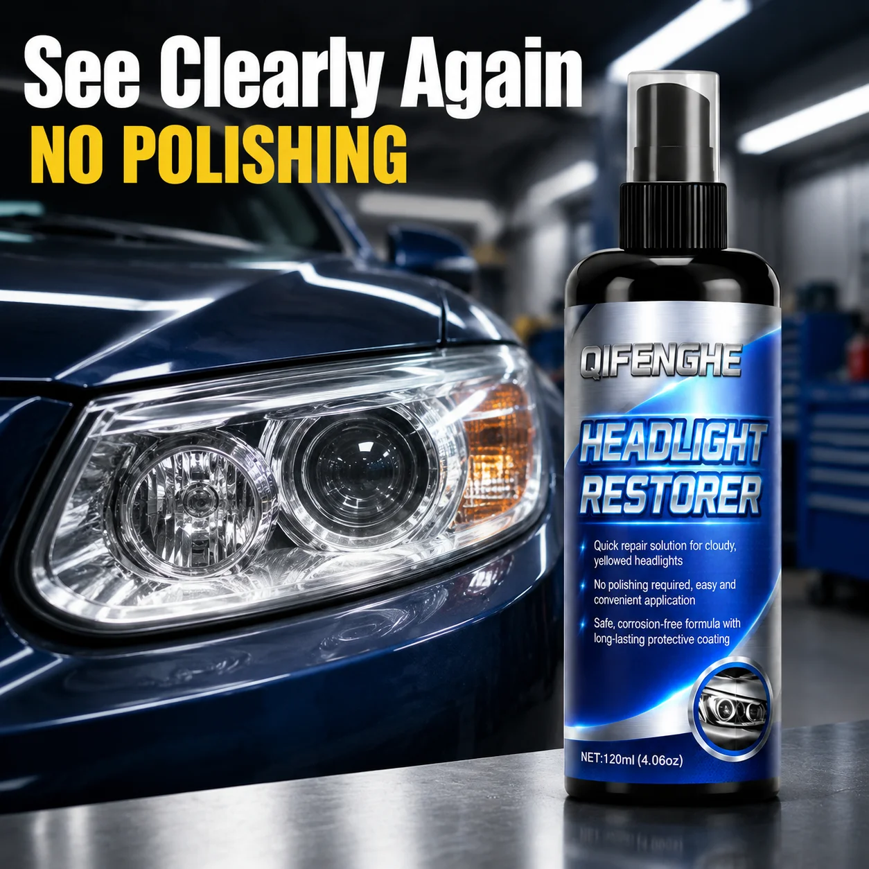 QIFENGHE Automotive Headlight Restoration Spray, Easy DIY Application, Restores Foggy Dull Headlights Without Heavy Polishing To