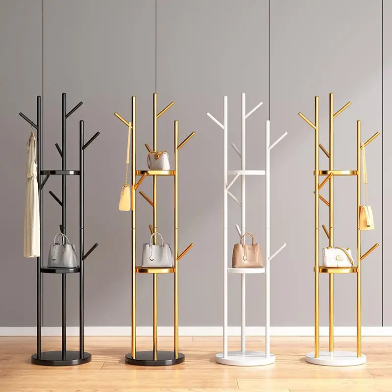 Clothes Hanger Bedroom Lightweight Luxury Gold Floor Metal Marble Clothes Hanger with Storage Partition
