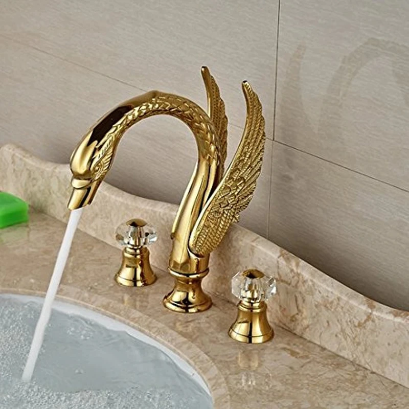 

Luxury Golden Swan Shape Basin Tap Dual Crystal Handle Deck Mount Bathroom Mixer Taps Widespread Hot Cold Water Mixer Valve Tap