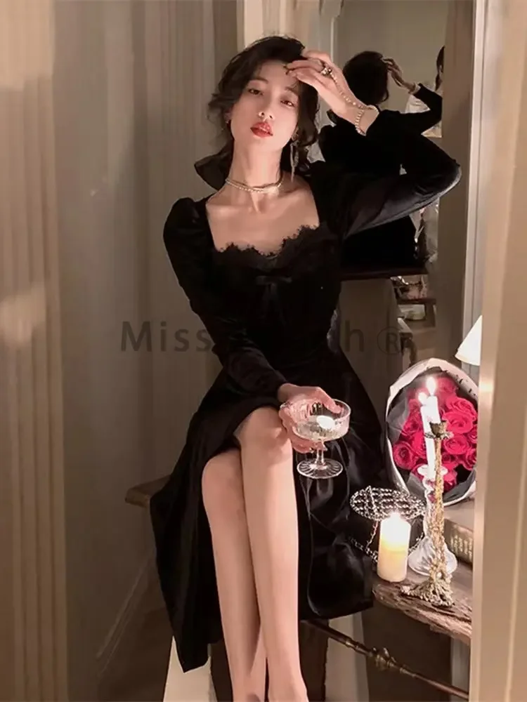 Black French Vintage Velvet Dress Women Korean Elegant Evening Party Mini Dress Female High Waist Lace Casual Dress Autumn 2024