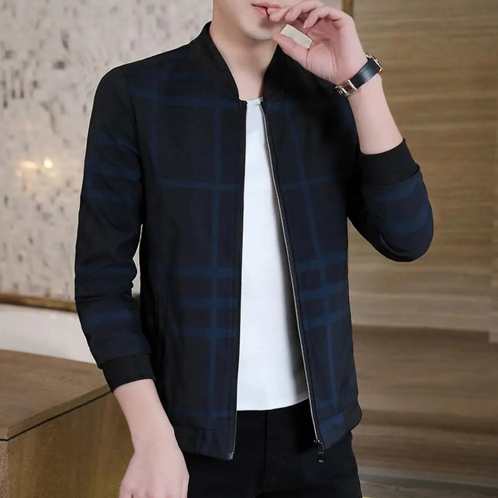 Trendy Men Coat  Zipper Super Soft Baseball Coat  Relaxed Fit Checkered Coat