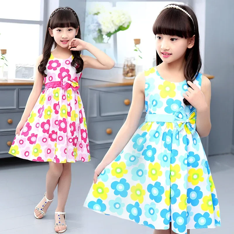 Girls Vest Dress Cotton Flower Print Children Wear  Korean Cute 95% Cotton Princess Party Dresses 4 5 6 7 8 9 10 11 12 14 Year