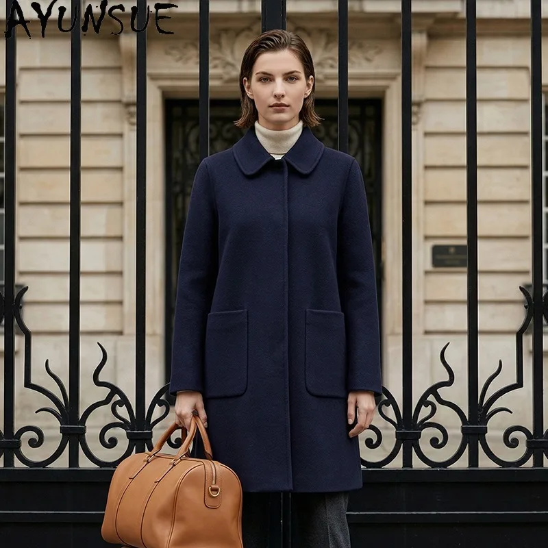 AYUNSUE Women's 100% Wool Coat Mid-length Lapel Double-sided Wool Jacket Fashion Loose Office Lady Outerwear Woman Clothes