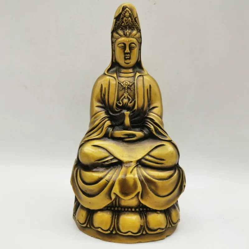 Artisanat ancien, collection d'objets en cuivre, statue de Guanyin assise en laiton, posture de compassion, design élégant, décoration pour la maison