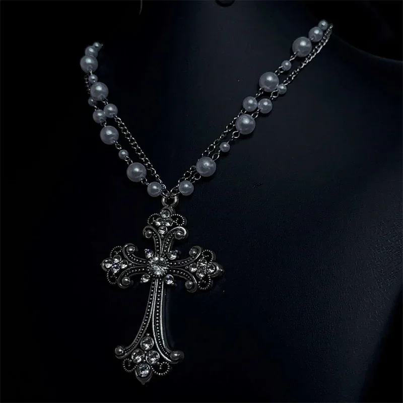 Handmade Rhinestone Pearl Chain and Cross Chokers Necklace Goth Punk Jewelry 2022 Women Fashion Statement Charm Jewelry Gift