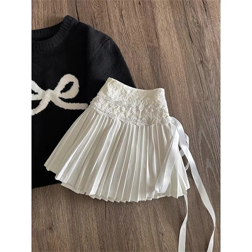 Fashion White Jacquard Embroidery Cake Skirt For Women High Waist Slimming Lace Patchwork Lace-up Pleated Mini Skirts