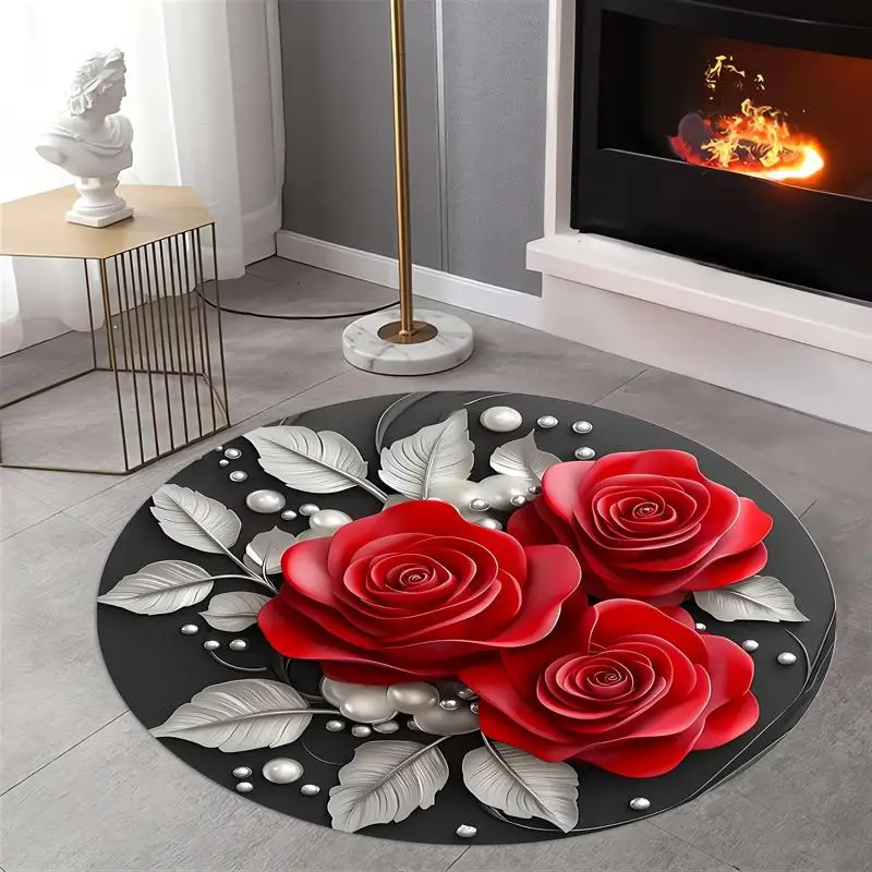 1PC SpringSummer Decorative Vintage Round Beads with Silvery Leaf and Red Rose Pattern Design Round Rug - Washable, Suitable for Living Room, Coffee Table, Bedroom, Entryway Mat, and Dining Room, Outdoor Terrace, Garden