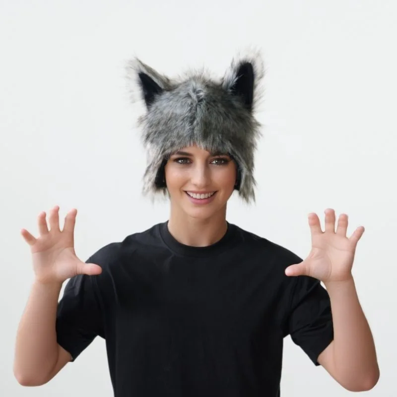 Halloween Christmas Plush Wolf Hat Cosplay Stage Costume Winter 2026 Hot Sale