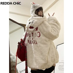 REDDACHIC Cozy Cartoon Cat Hooded Plush Jacket Women Embroidery White Fluffy Winter Coat Zip Up Kawaii Lolita Y2k Casual Outwear