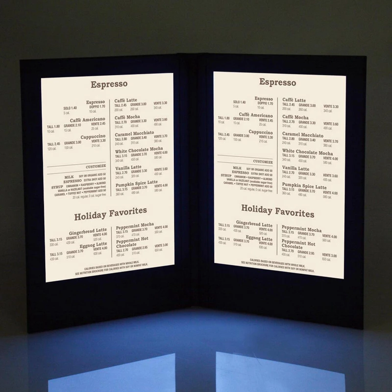 LED Backlit Illuminated Menu Holder, Check Sign Display, Bar Leather, Book Style, Black, A4 size