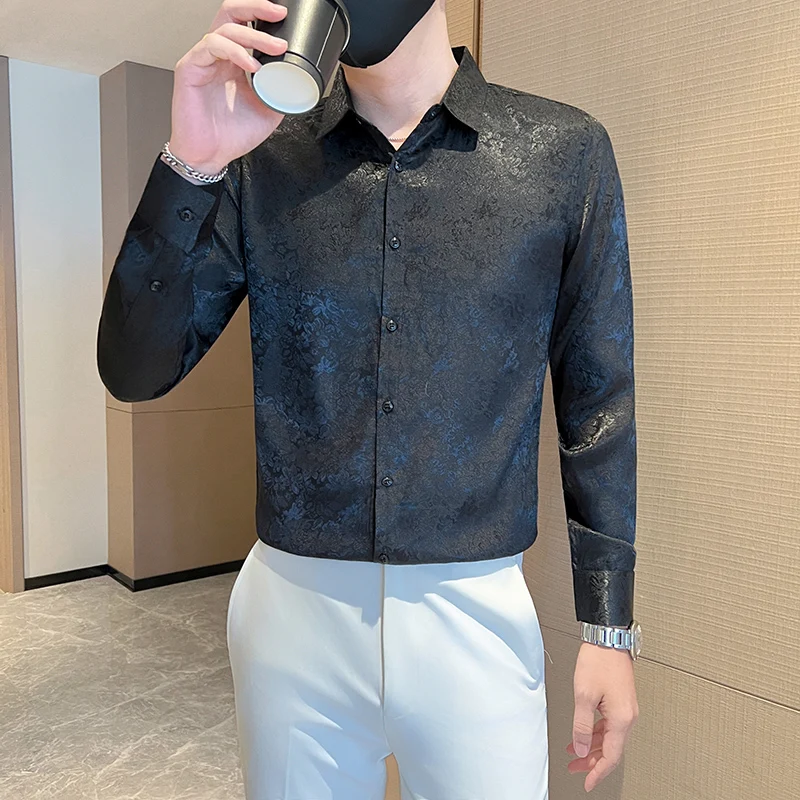 2025 Autumn Winter Long Sleeve Shirts Men Korean Version Slim Fit Casual Business Flower Shirt Social Nightclub Streetwear Tops